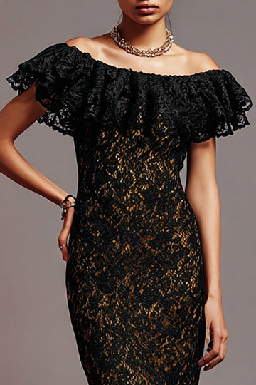 Delicate Mermaid Lace Off The Shoulder Black Formal Dress